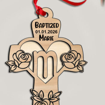 Intra απο ξύλο plywood  Χρώμα wenge 3mm-4mm πάχος - Σταυρός τριαντάφυλλο γράμμα M Laser Δώρο Στολίδι Δίασταση 6x6 cm INTRAFABR-67593769 - Image 2