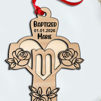 Intra απο ξύλο plywood  Χρώμα wenge 3mm-4mm πάχος - Σταυρός τριαντάφυλλο γράμμα M Laser Δώρο Στολίδι Δίασταση 6x6 cm INTRAFABR-67593769 - Image 3