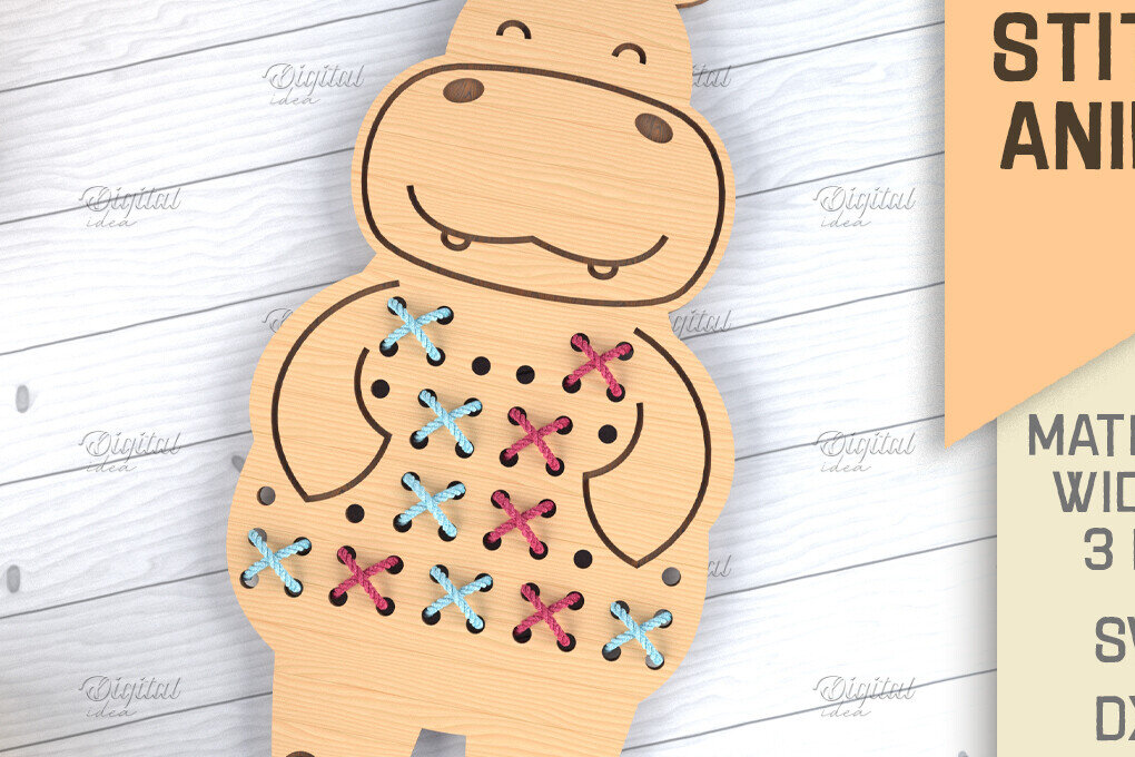 Intra απο ξύλο plywood  Χρώμα wenge 3mm-4mm πάχος - Cross Stitch Animals LaserCut. Hippo Δίασταση 30x20 cm INTRAFABR-120850319