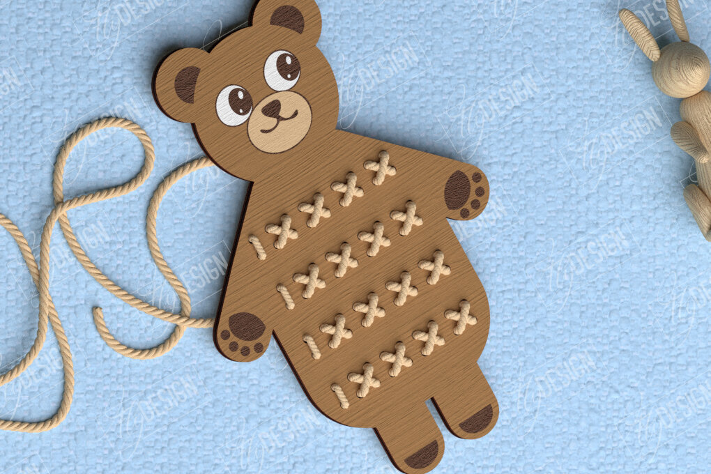 Intra απο ξύλο plywood  Χρώμα wenge 3mm-4mm πάχος - Σταυροβελονιά Αρκούδα | Montessori Lacing Δίασταση 15x15 cm INTRAFABR-55341077