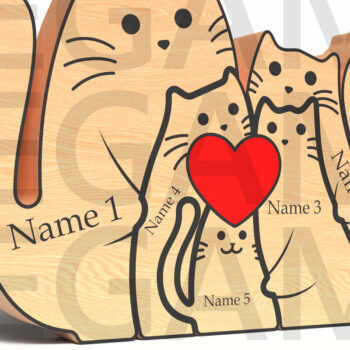 Intra απο ξύλο plywood  Χρώμα wenge 3mm-4mm πάχος - Προσαρμοσμένη Γάτα Οικογένεια 6 με Καρδιά Δίασταση 20x20 cm INTRAFABR-123010719 - Image 2