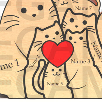 Intra απο ξύλο plywood  Χρώμα wenge 3mm-4mm πάχος - Προσαρμοσμένη Οικογένεια Γάτας 7 με Καρδιά Δίασταση 20x20 cm INTRAFABR-119868124 - Image 1