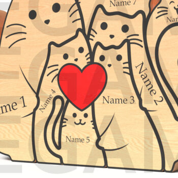 Intra απο ξύλο plywood  Χρώμα wenge 3mm-4mm πάχος - Προσαρμοσμένη Οικογένεια Γάτας 7 με Καρδιά Δίασταση 20x20 cm INTRAFABR-119868124 - Image 3