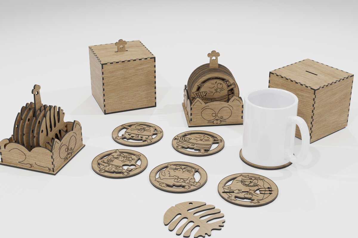 Intra απο ξύλο plywood  Χρώμα wenge 3mm-4mm πάχος - Cute Cat Drink Coasters Διακοσμητικό τραπεζιού Δίασταση 4x4 cm INTRAFABR-111628289