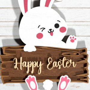 Intra απο ξύλο plywood  Χρώμα wenge 3mm-4mm πάχος - Χαριτωμένο Πασχαλινό λαγουδάκι , Happy Sign Wood Δίασταση 4x4 cm INTRAFABR-116384336