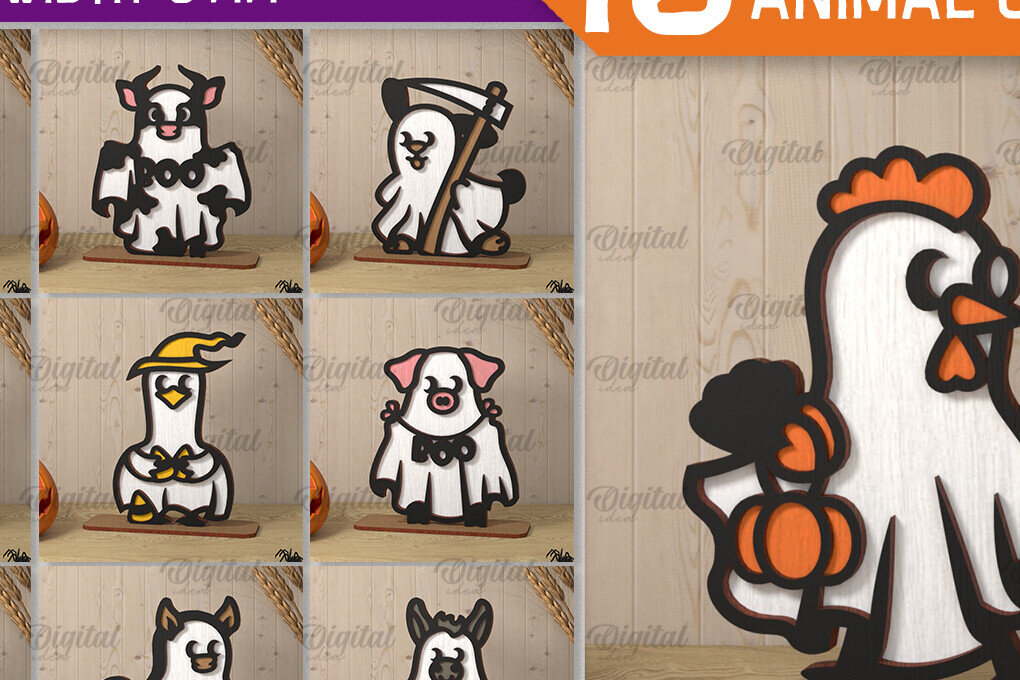 Intra απο ξύλο plywood  Χρώμα wenge 3mm-4mm πάχος - Πακέτο LaserCut Cute Farm Animal Ghosts Δίασταση 30x20 cm INTRAFABR-101757428