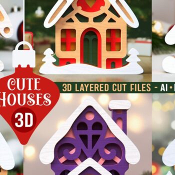 Intra απο ξύλο plywood  Χρώμα wenge 3mm-4mm πάχος - Πακέτο Cute Houses | 3D Layered Δίασταση 16x6 cm INTRAFABR-101013684 - Image 1