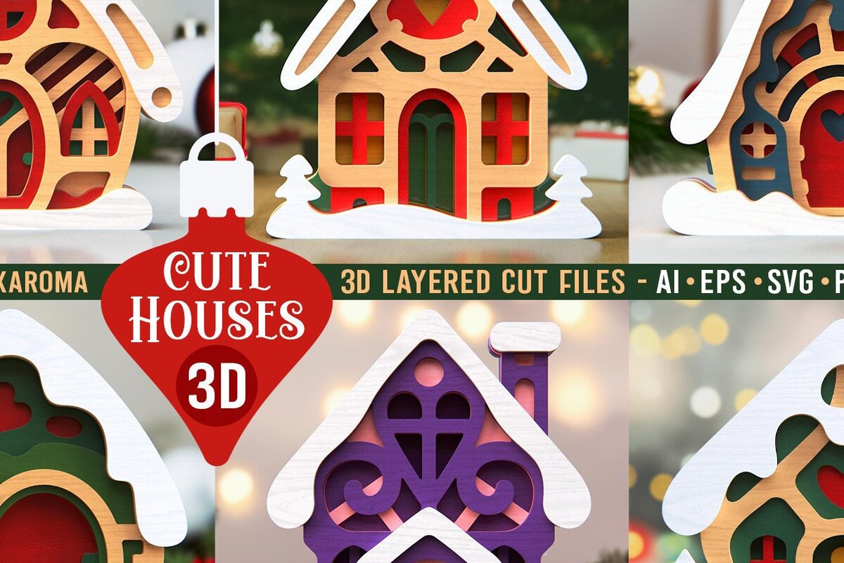 Intra απο ξύλο plywood  Χρώμα wenge 3mm-4mm πάχος - Πακέτο Cute Houses | 3D Layered Δίασταση 16x6 cm INTRAFABR-101013684