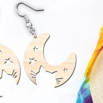 Intra απο ξύλο plywood  Χρώμα wenge 3mm-4mm πάχος - Cute Moon Cat Earrings | Δίασταση 900x900 cm INTRAFABR-114017085 - Image 2