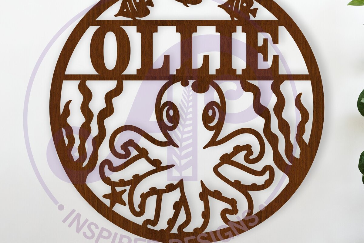 Intra απο ξύλο plywood  Χρώμα wenge 3mm-4mm πάχος - Χαριτωμένο χταπόδι με όνομα Laser Δίασταση 30x20 cm INTRAFABR-47244050