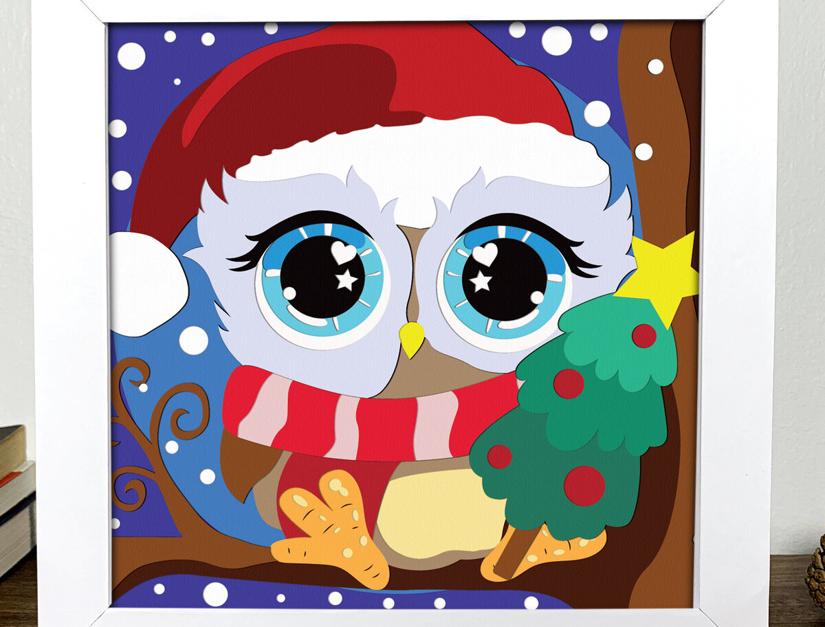 Intra απο ξύλο plywood  Χρώμα wenge 3mm-4mm πάχος - Cute Owl Christmas Shadow Box Δίασταση 20x20 cm INTRAFABR-77677092