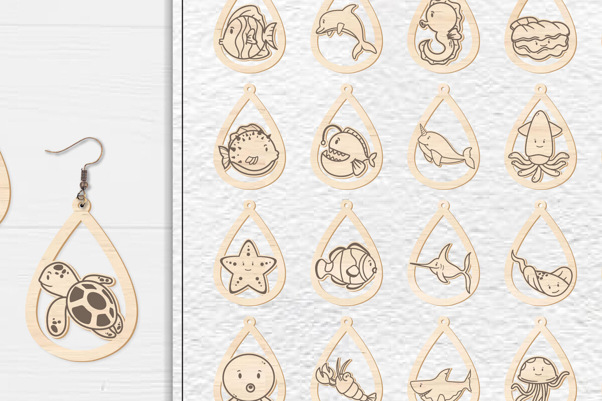 Intra απο ξύλο plywood  Χρώμα wenge 3mm-4mm πάχος - Πακέτο με χαριτωμένα σκουλαρίκια με θαλάσσια ζώα Δίασταση 3x3 cm INTRAFABR-119764016