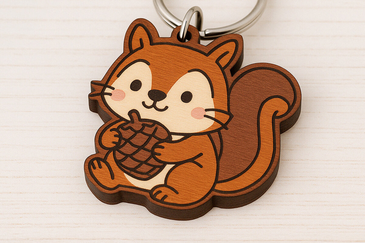 Intra απο ξύλο plywood  Χρώμα wenge 3mm-4mm πάχος - Μπρελόκ με χαριτωμένο σκίουρο με βελανίδι Δίασταση 4x4 cm INTRAFABR-69674766