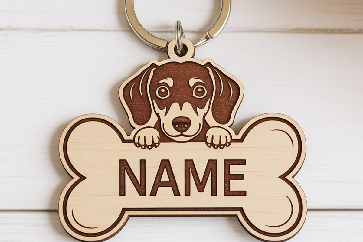 Intra απο ξύλο plywood  Χρώμα wenge 3mm-4mm πάχος - Μπρελόκ Dachshund Bone Name Tag Δίασταση 4x4 cm INTRAFABR-13637175