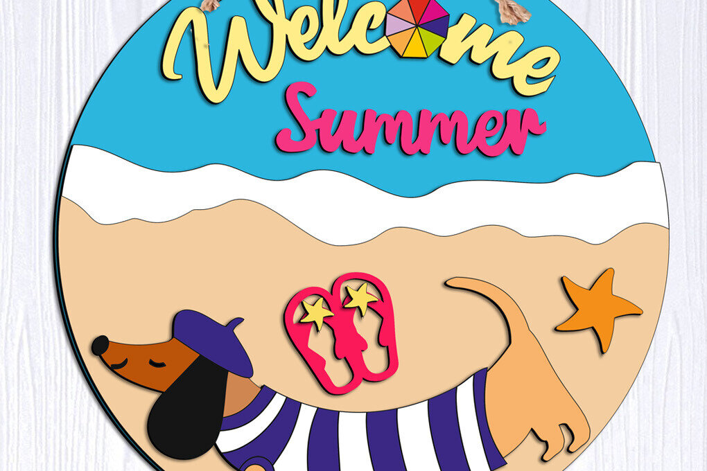 Intra απο ξύλο plywood  Χρώμα wenge 3mm-4mm πάχος - Dachshund Summer Door Hanger Ocean Sea Δίασταση 20x20 cm INTRAFABR-109929646