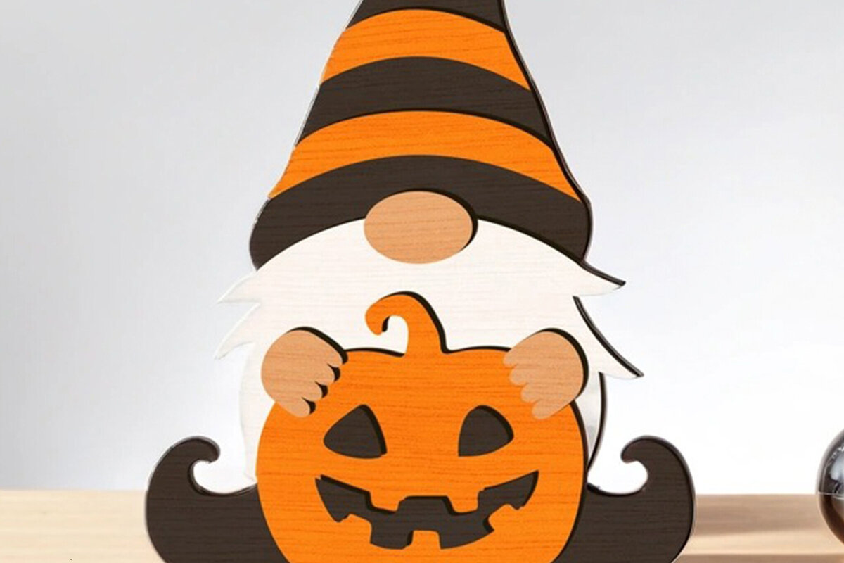 Intra απο ξύλο plywood  Χρώμα wenge 3mm-4mm πάχος - Διακοσμητικό Halloween Gnome με κολοκύθα Δίασταση 8x6 cm INTRAFABR-118208349