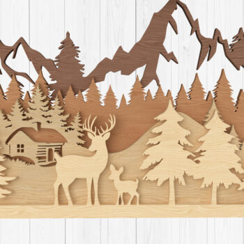 Intra απο ξύλο plywood  Χρώμα wenge 3mm-4mm πάχος - Ελάφια και καμπίνα Σκηνή με λέιζερ Δίασταση 30x20 cm INTRAFABR-68645261 - Image 1