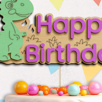 Intra απο ξύλο plywood  Χρώμα wenge 3mm-4mm πάχος - Dino Birthday , Cake Topper Δίασταση 20x20 cm INTRAFABR-117658100 - Image 1