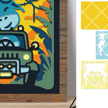 Intra απο ξύλο plywood Χρώμα wenge 3mm-4mm πάχος - Οι δεινόσαυροι οδηγούν ένα αυτοκίνητο 3D Shadow Box Δίασταση 714x714 cm INTRAFABR-32953763 - Image 1