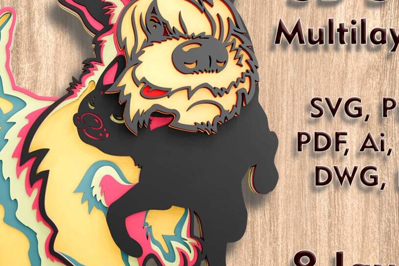 Intra απο ξύλο plywood  Χρώμα wenge 3mm-4mm πάχος - λέιζερ πολλαπλών επιπέδων 3D Dog and Cat Δίασταση 8x9 cm INTRAFABR-90436016