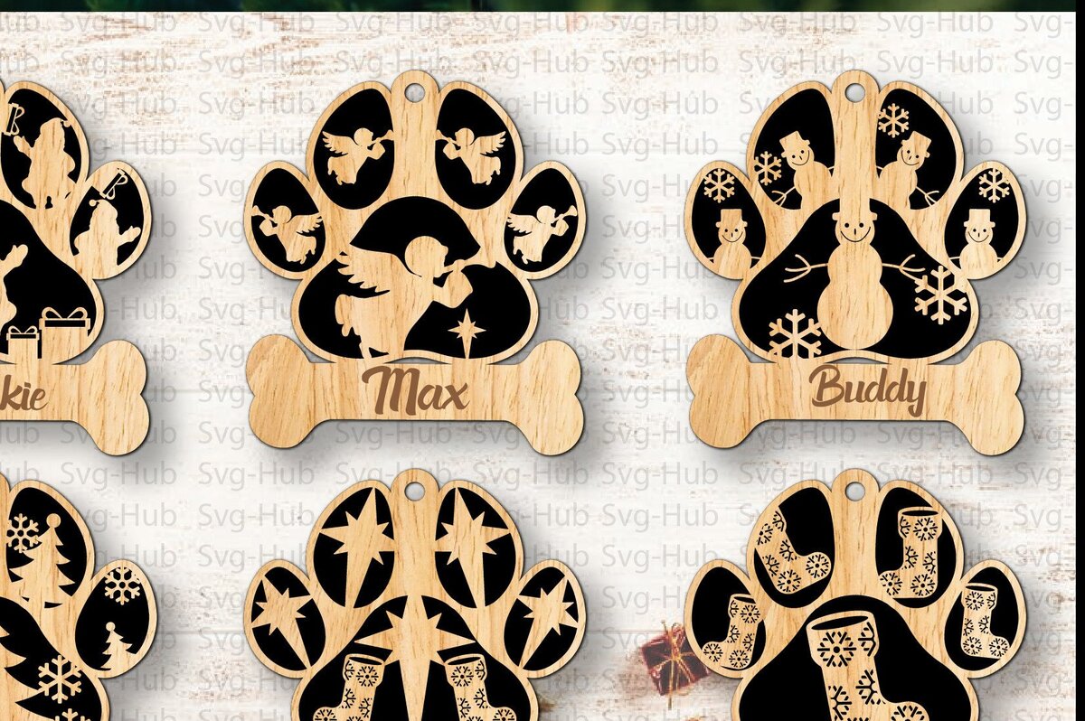 Intra απο ξύλο plywood  Χρώμα wenge 3mm-4mm πάχος - Πακέτο χριστουγεννιάτικων στολιδιών με στάμπα σκύλου Δίασταση 6x6 cm INTRAFABR-99068938