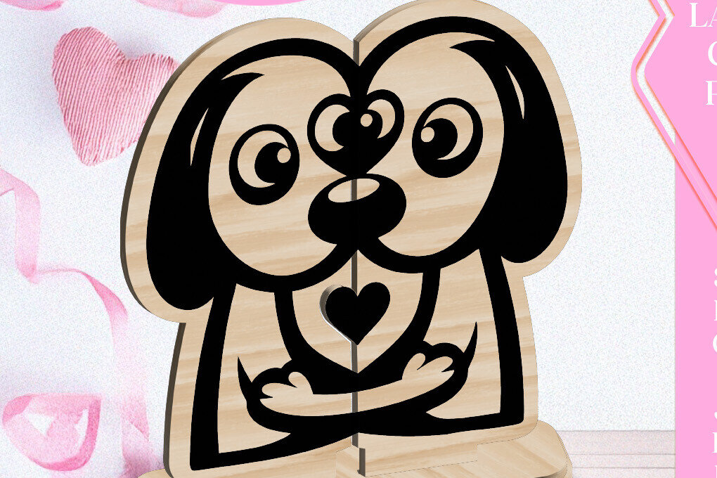 Intra απο ξύλο plywood  Χρώμα wenge 3mm-4mm πάχος - Dogs Love Στολίδι Αγίου Βαλεντίνου Κόψιμο με λέιζερ Δίασταση 6x6 cm INTRAFABR-90816691