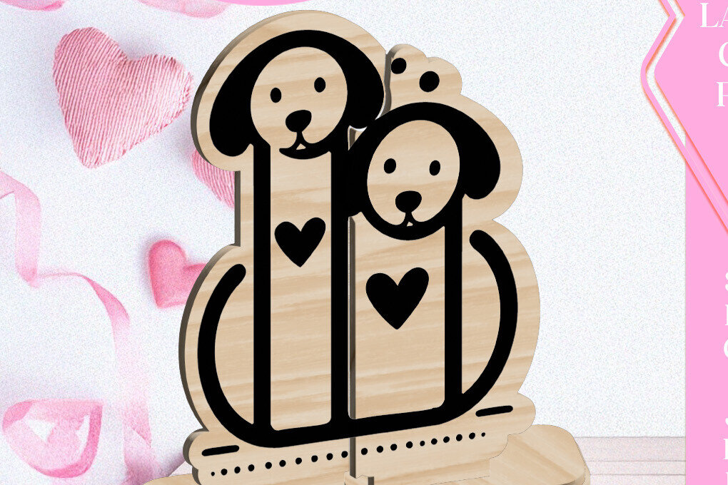 Intra απο ξύλο plywood  Χρώμα wenge 3mm-4mm πάχος - Dogs Love Στολίδι Αγίου Βαλεντίνου Κόψιμο με λέιζερ Δίασταση 6x6 cm INTRAFABR-90816874