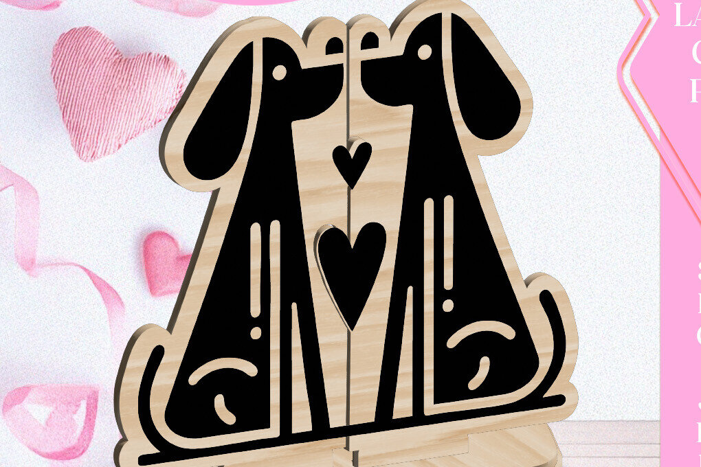 Intra απο ξύλο plywood  Χρώμα wenge 3mm-4mm πάχος - Dogs Love Στολίδι Αγίου Βαλεντίνου Κόψιμο με λέιζερ Δίασταση 6x6 cm INTRAFABR-118470087