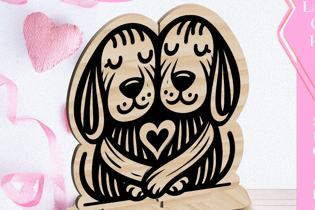 Intra απο ξύλο plywood  Χρώμα wenge 3mm-4mm πάχος - Dogs Love Στολίδι Αγίου Βαλεντίνου Κόψιμο με λέιζερ Δίασταση 6x6 cm INTRAFABR-118470099