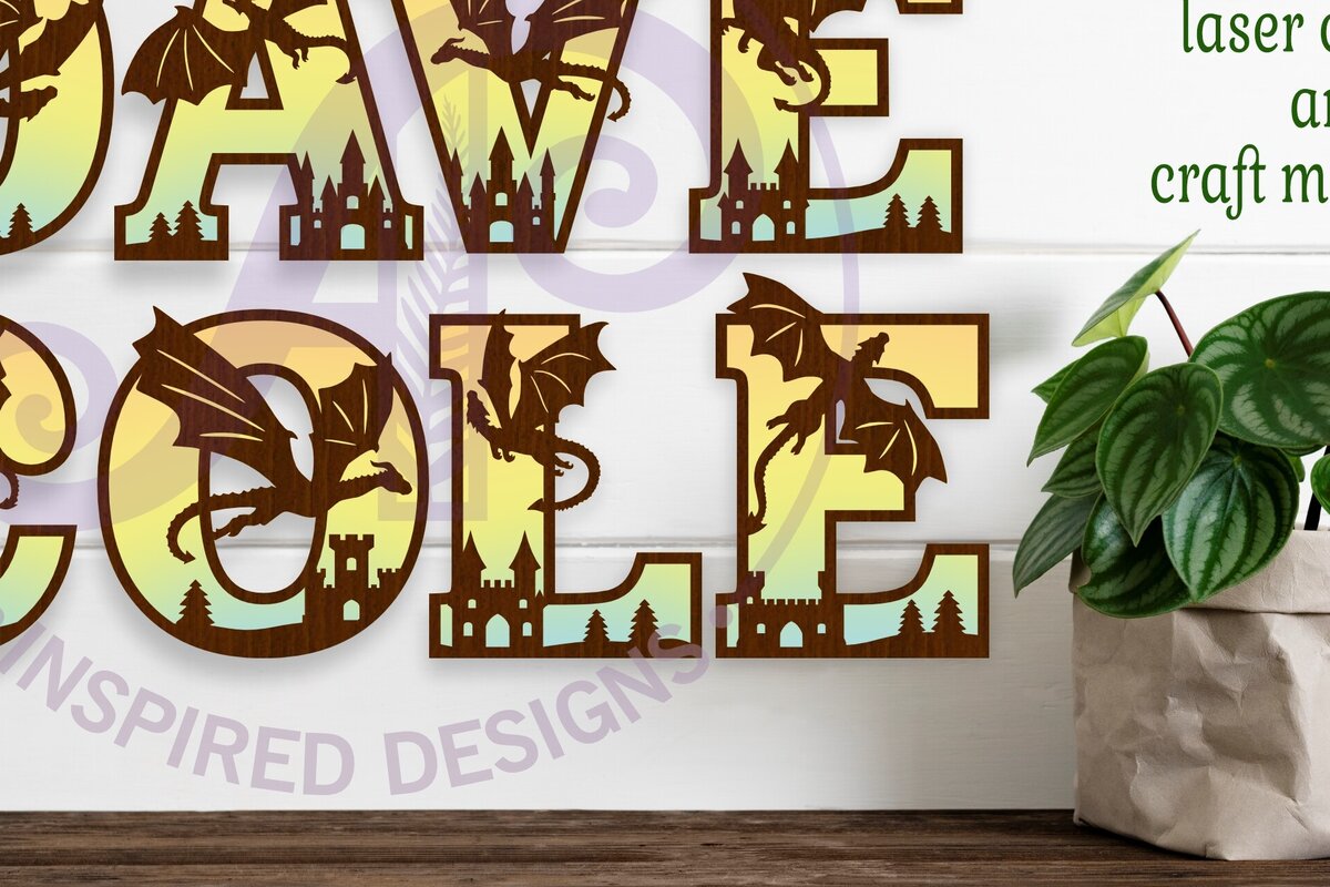 Intra απο ξύλο plywood  Χρώμα wenge 3mm-4mm πάχος - Σετ αλφάβητου Dragons. Γράμματα 2 επιπέδων 53 Δίασταση 30x20 cm INTRAFABR-38049652