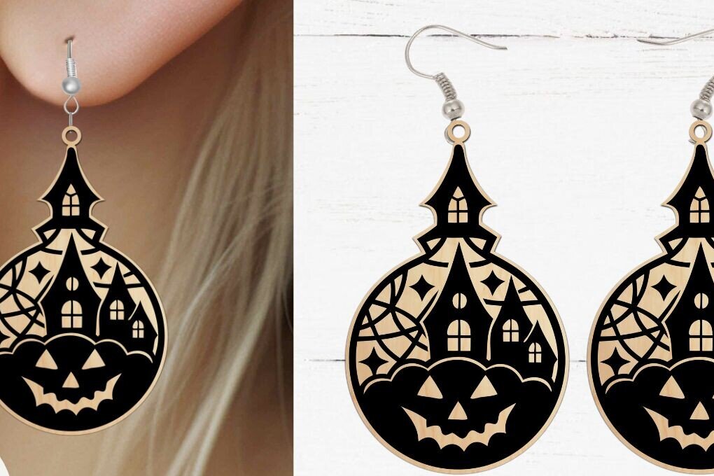 Intra απο ξύλο plywood  Χρώμα wenge 3mm-4mm πάχος - Σκουλαρίκια με λέιζερ κομμένο , Halloween Earrin Δίασταση 3x3 cm INTRAFABR-110737929