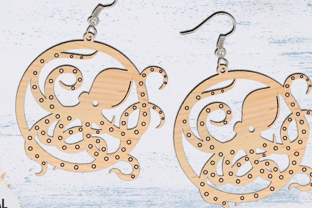 Intra απο ξύλο plywood  Χρώμα wenge 3mm-4mm πάχος - Σκουλαρίκι κομμένο με λέιζερ, σκουλαρίκι χταπόδι Δίασταση 3x3 cm INTRAFABR-110654955