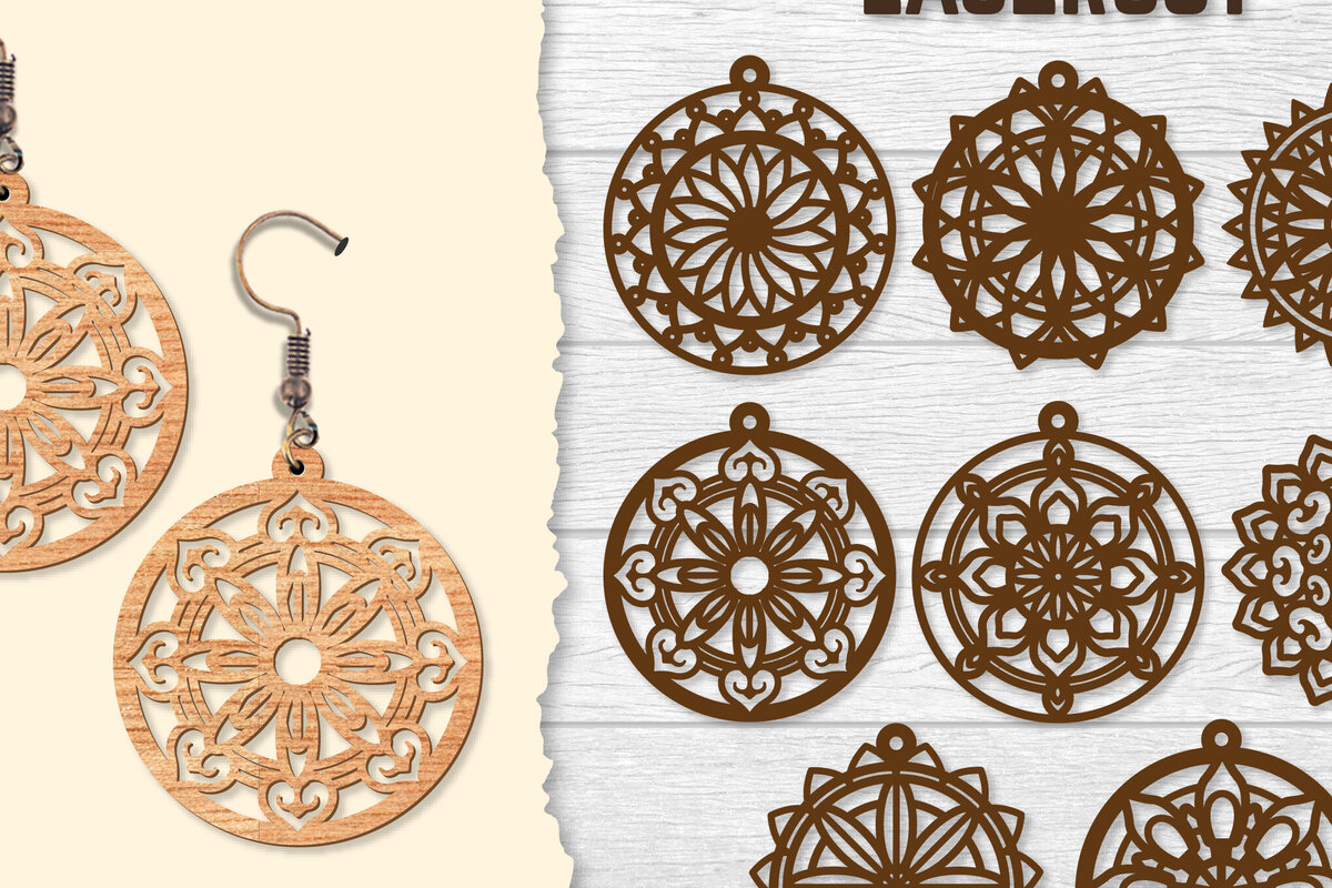 Intra απο ξύλο plywood  Χρώμα wenge 3mm-4mm πάχος - Σκουλαρίκια Mandala Lasercut BNDLES Δίασταση 3x3 cm INTRAFABR-108054104