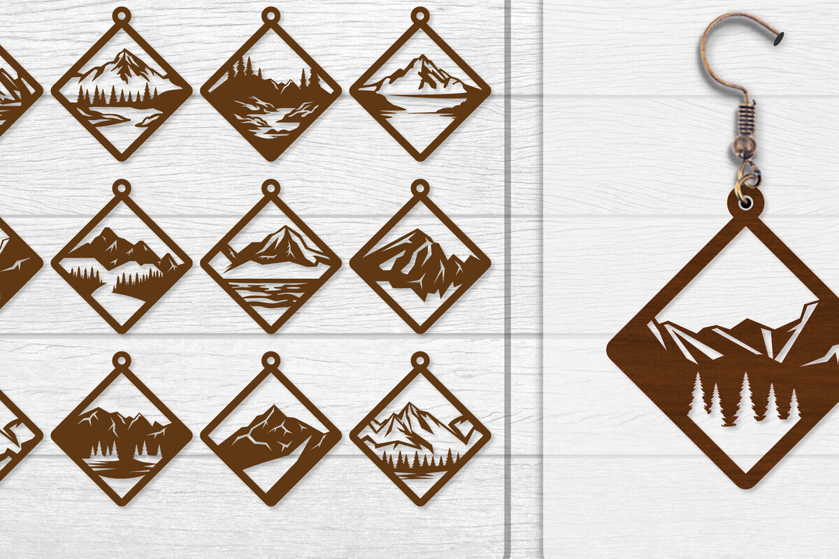 Intra απο ξύλο plywood  Χρώμα wenge 3mm-4mm πάχος - Σκουλαρίκι Mountain Lasercut BNDLE 12 Δίασταση 3x3 cm INTRAFABR-102035313