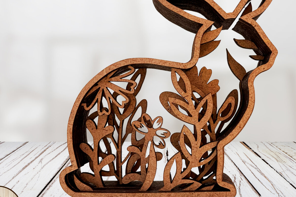 Intra απο ξύλο plywood  Χρώμα wenge 3mm-4mm πάχος - Πασχαλινή διακόσμηση λαγουδάκι με λουλουδάτο σχέδιο Δίασταση 7x8 cm INTRAFABR-123668319