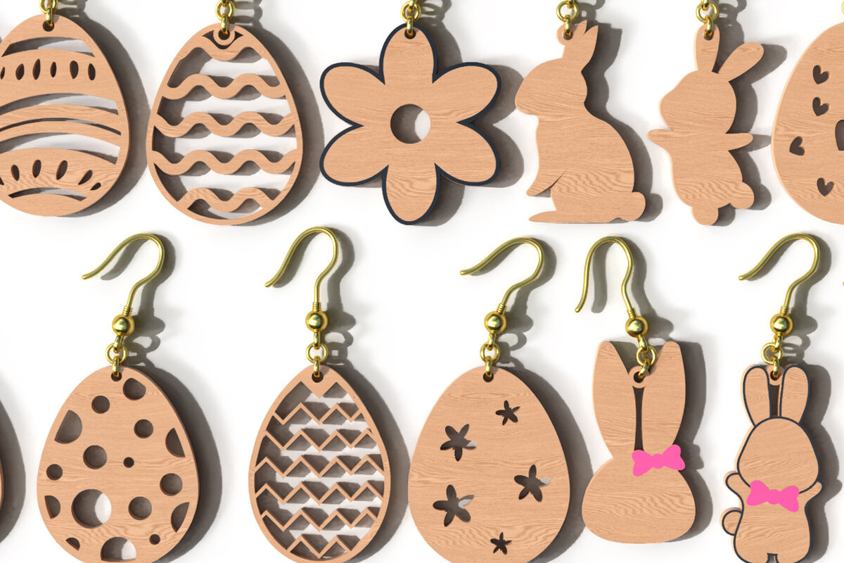 Intra απο ξύλο plywood  Χρώμα wenge 3mm-4mm πάχος - Σκουλαρίκια κομμένα με λέιζερ Easter Bunny &amp; Egg Δίασταση 2x2 cm INTRAFABR-95640624