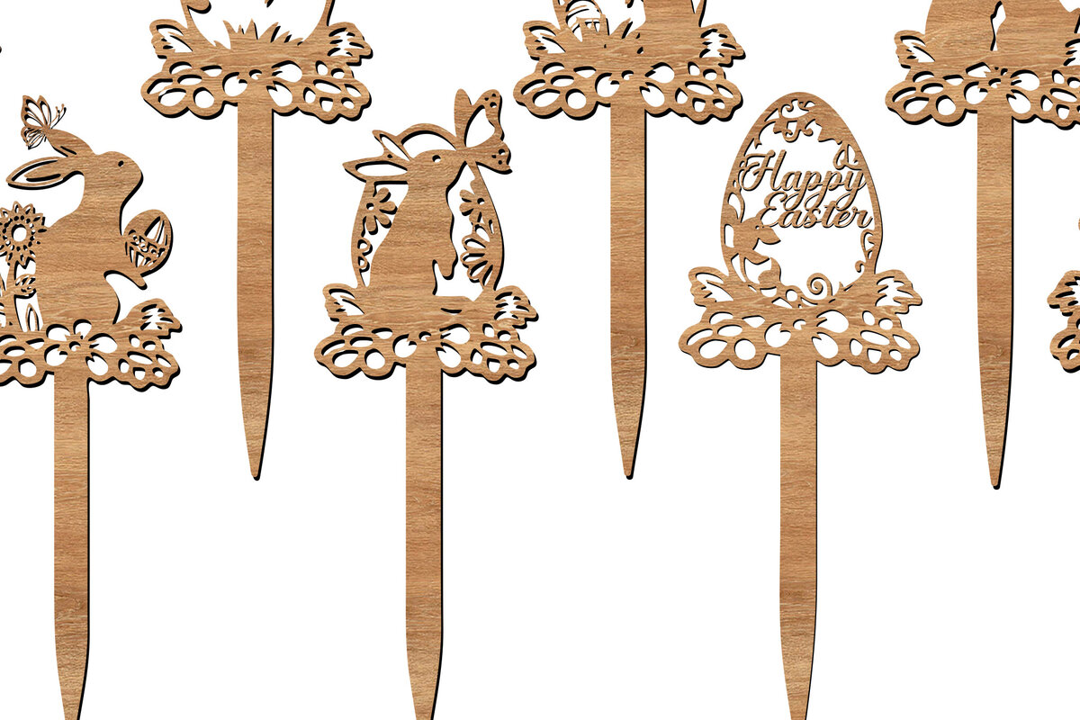 Intra απο ξύλο plywood  Χρώμα wenge 3mm-4mm πάχος - Πασχαλινό λαγουδάκι &amp; αυγά Toppers Κοψίματα με λέιζερ Δίασταση 6x6 cm INTRAFABR-95638087