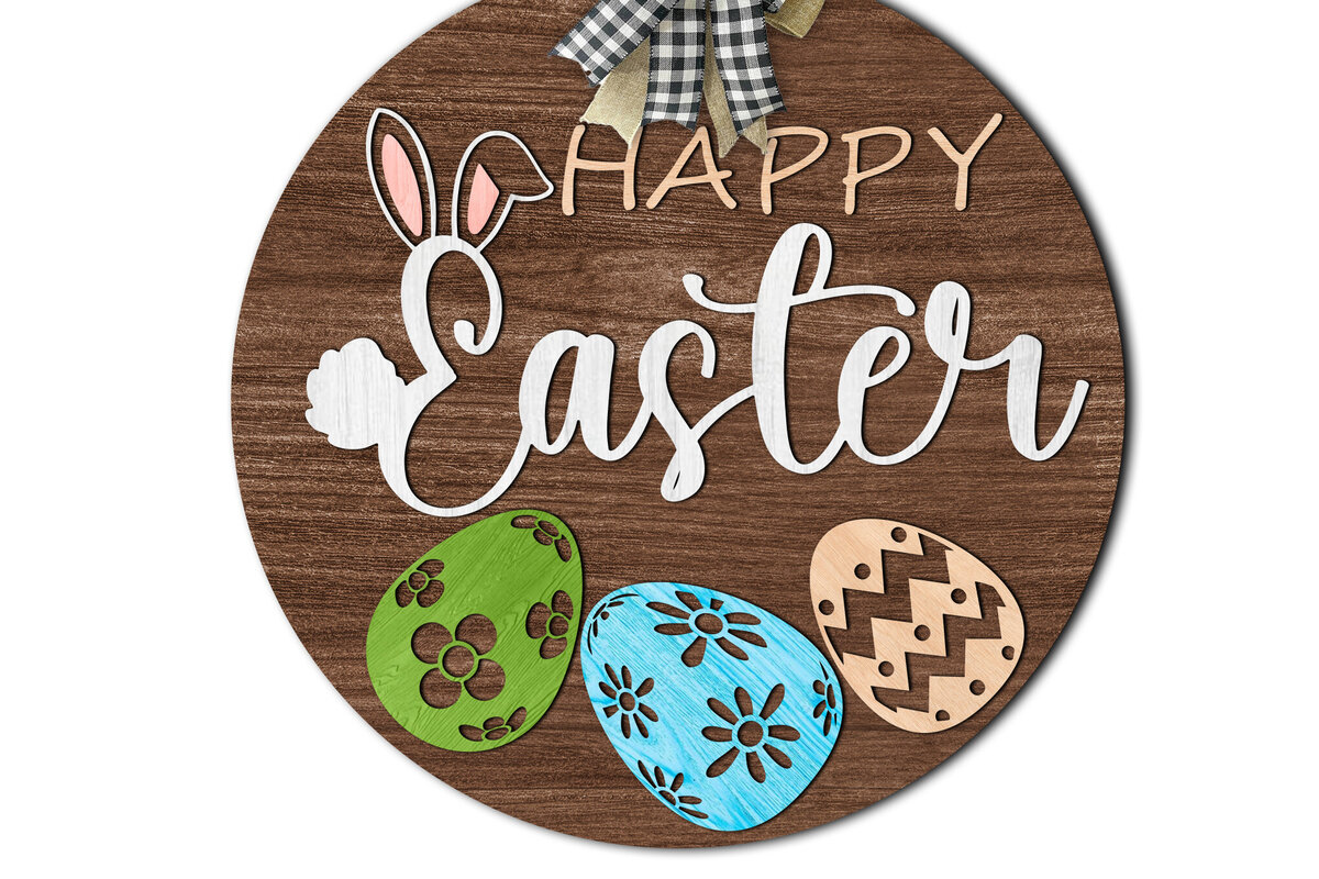 Intra απο ξύλο plywood  Χρώμα wenge 3mm-4mm πάχος - Πασχαλινό λαγουδάκι &amp; αυγά Στρογγυλή πινακίδα Δίασταση 20x20 cm INTRAFABR-86177786