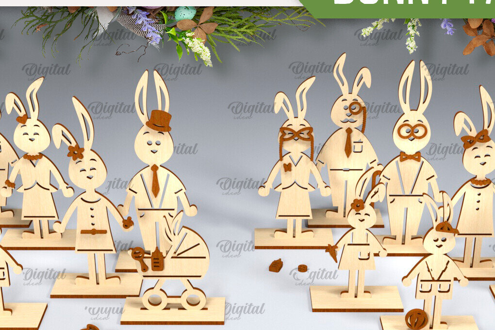 Intra απο ξύλο plywood  Χρώμα wenge 3mm-4mm πάχος - Family Bunny του Πάσχα Δίασταση 15x15 cm INTRAFABR-46479001