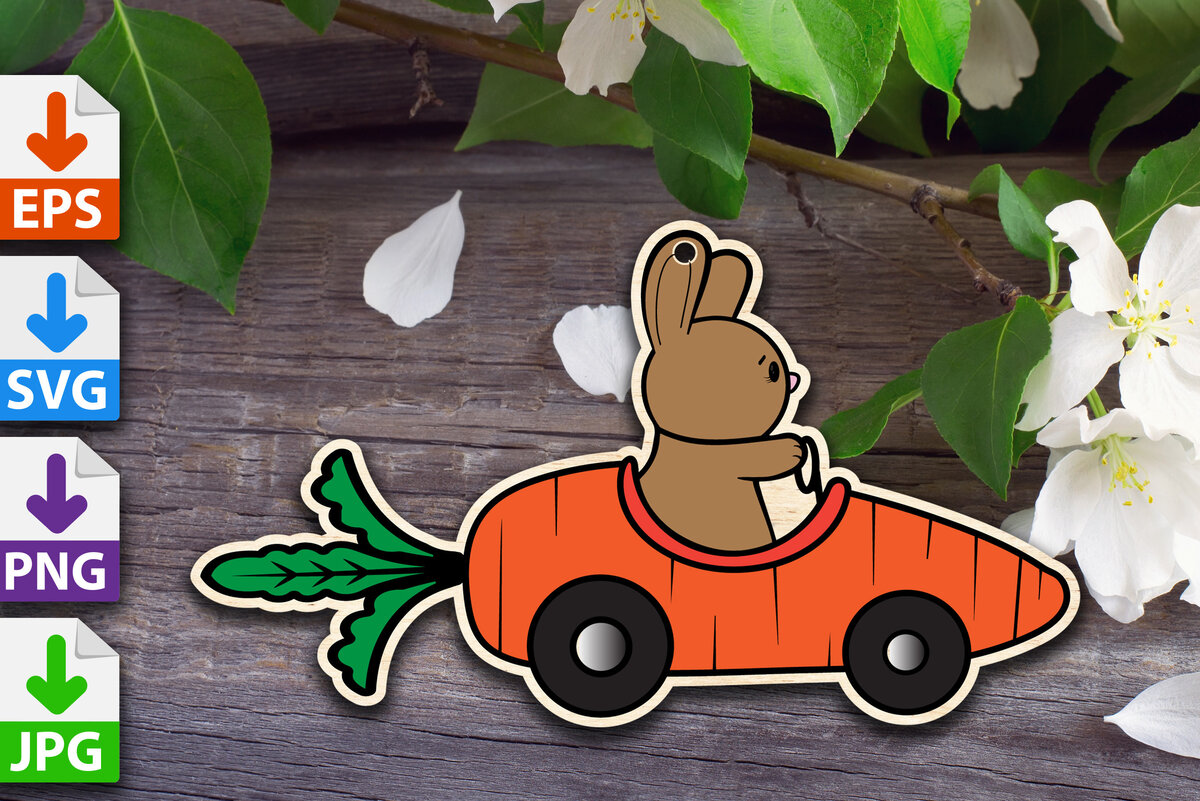 Intra απο ξύλο plywood  Χρώμα wenge 3mm-4mm πάχος - Πασχαλινό λαγουδάκι σε καρότο αυτοκίνητο Δίασταση 15x15 cm INTRAFABR-70105036