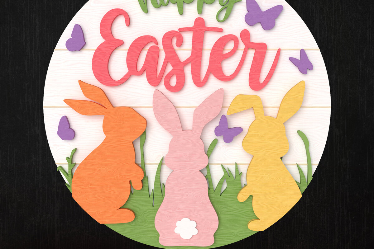 Intra απο ξύλο plywood  Χρώμα wenge 3mm-4mm πάχος - Πινακίδα κοπής με λέιζερ Easter Bunny Trio Δίασταση 15x15 cm INTRAFABR-121579348