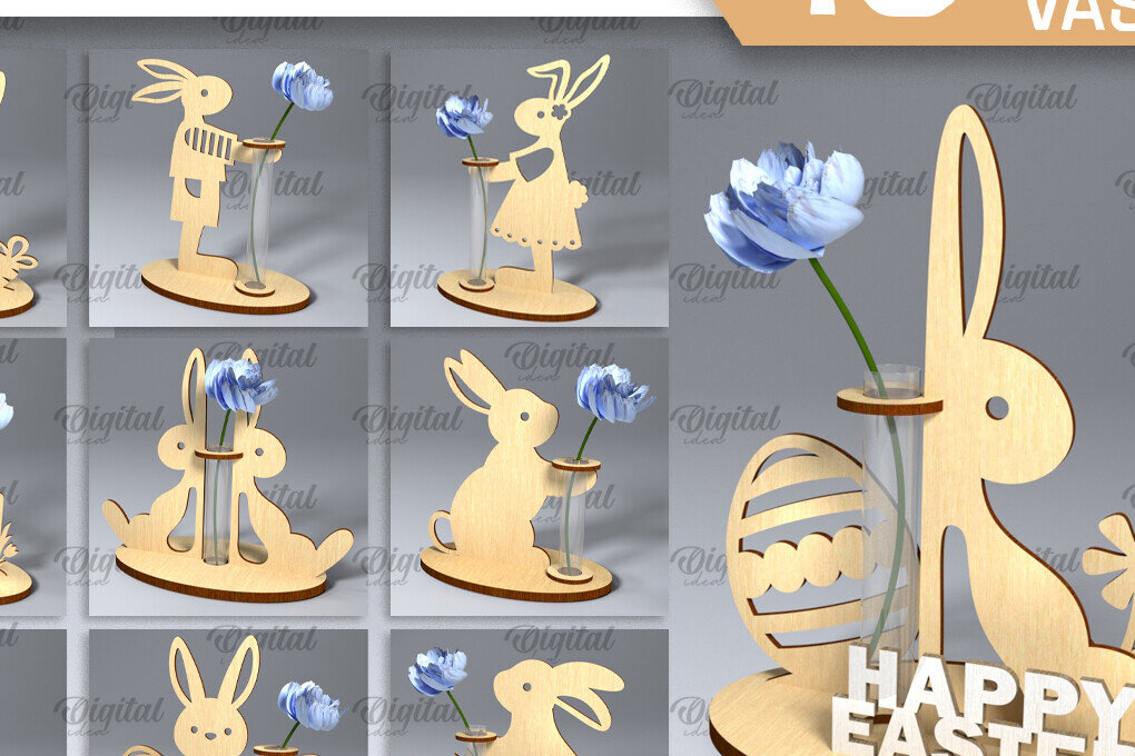 Intra απο ξύλο plywood  Χρώμα wenge 3mm-4mm πάχος - Πακέτο κοπής με λέιζερ βάζο πασχαλινό λαγουδάκι Δίασταση 15x15 cm INTRAFABR-93334155