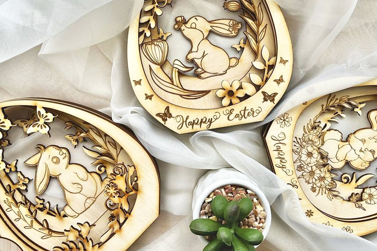 Intra απο ξύλο plywood  Χρώμα wenge 3mm-4mm πάχος - Πακέτο πασχαλινών αυγών και κουνελιών 5 στο σύνολο Δίασταση 5x6 cm INTRAFABR-77823421