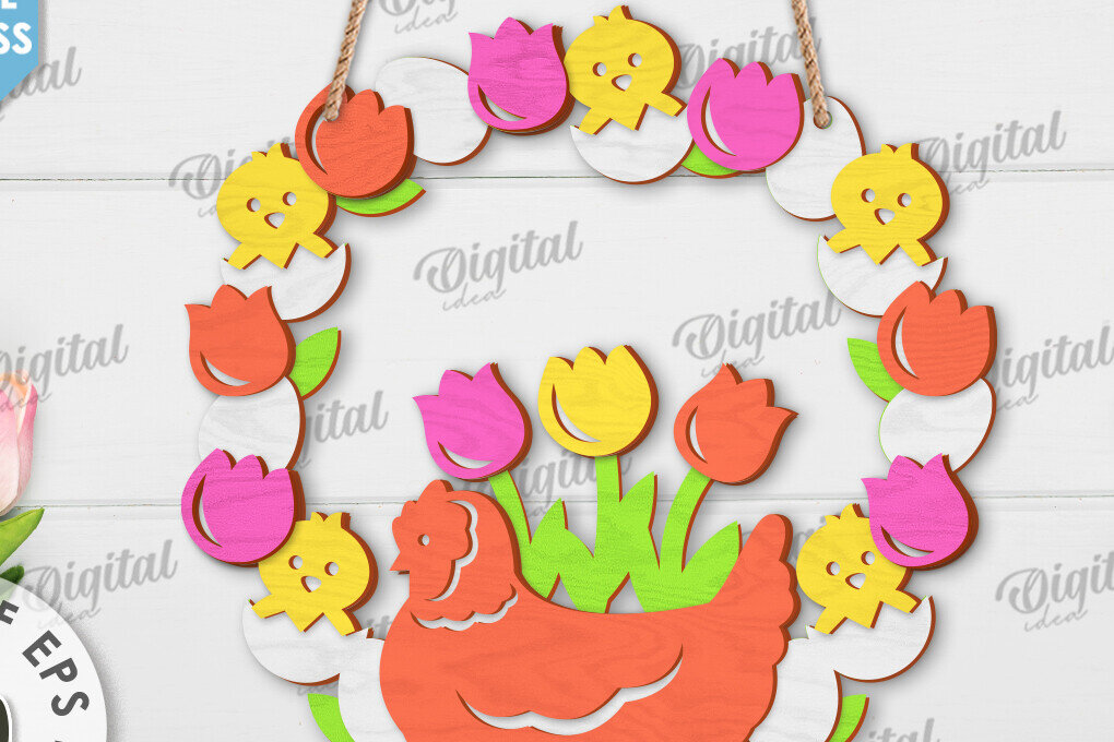 Intra απο ξύλο plywood  Χρώμα wenge 3mm-4mm πάχος - Πασχαλινό στεφάνι LaserCut. Ανοιξιάτικο ντεκόρ Δίασταση 15x15 cm INTRAFABR-85462329