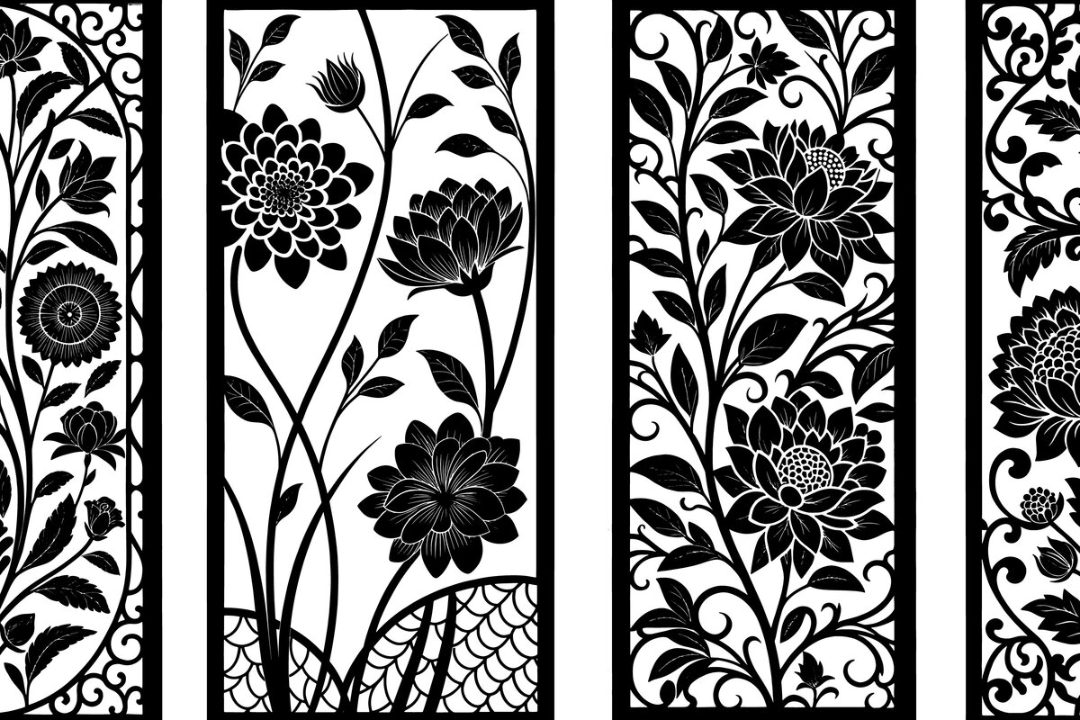 Intra απο ξύλο plywood  Χρώμα wenge 3mm-4mm πάχος - Elegant-Laser-Cut-Floral-Panel-Set Vector Δίασταση 20x20 cm INTRAFABR-109410491