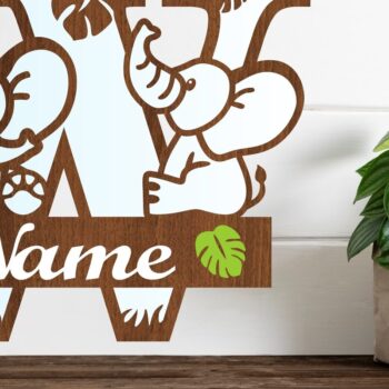 Intra απο ξύλο plywood  Χρώμα wenge 3mm-4mm πάχος - Μονόγραμμα με κεφαλαίο ελέφαντα Γράμμα W Δίασταση 30x20 cm INTRAFABR-91812024 - Image 1