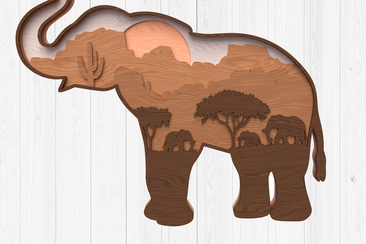 Intra απο ξύλο plywood  Χρώμα wenge 3mm-4mm πάχος - Elephant Safari Sunset Art Layered Δίασταση 30x20 cm INTRAFABR-98350130