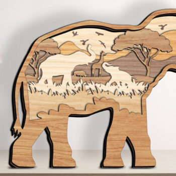 Intra απο ξύλο plywood Χρώμα wenge 3mm-4mm πάχος - Elephant with Safari Scene Layered Δίασταση 20x20 cm INTRAFABR-98177882 - Image 1
