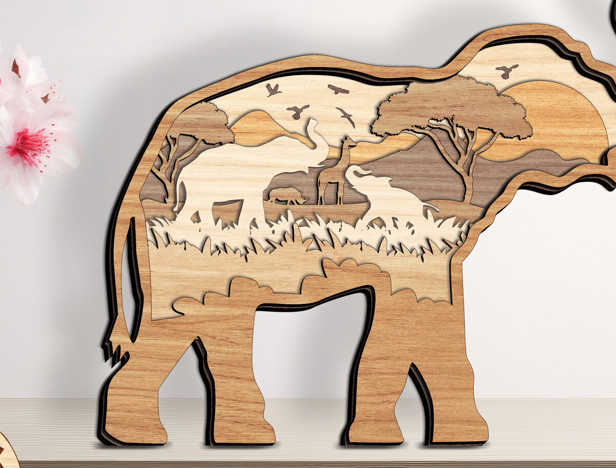 Intra απο ξύλο plywood  Χρώμα wenge 3mm-4mm πάχος - Elephant with Safari Scene Layered Δίασταση 20x20 cm INTRAFABR-98177882