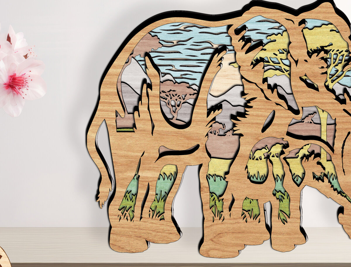 Intra απο ξύλο plywood  Χρώμα wenge 3mm-4mm πάχος - Ελέφαντας με στρώσεις σκηνής σαφάρι Δίασταση 20x20 cm INTRAFABR-122587670